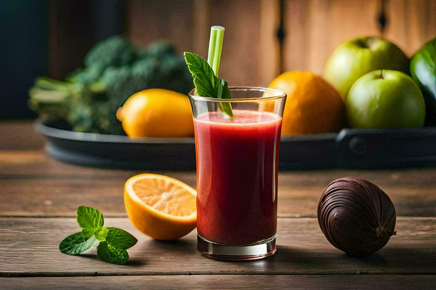a glass of juice with an orange, apple and a carrot. AI-Generated photo