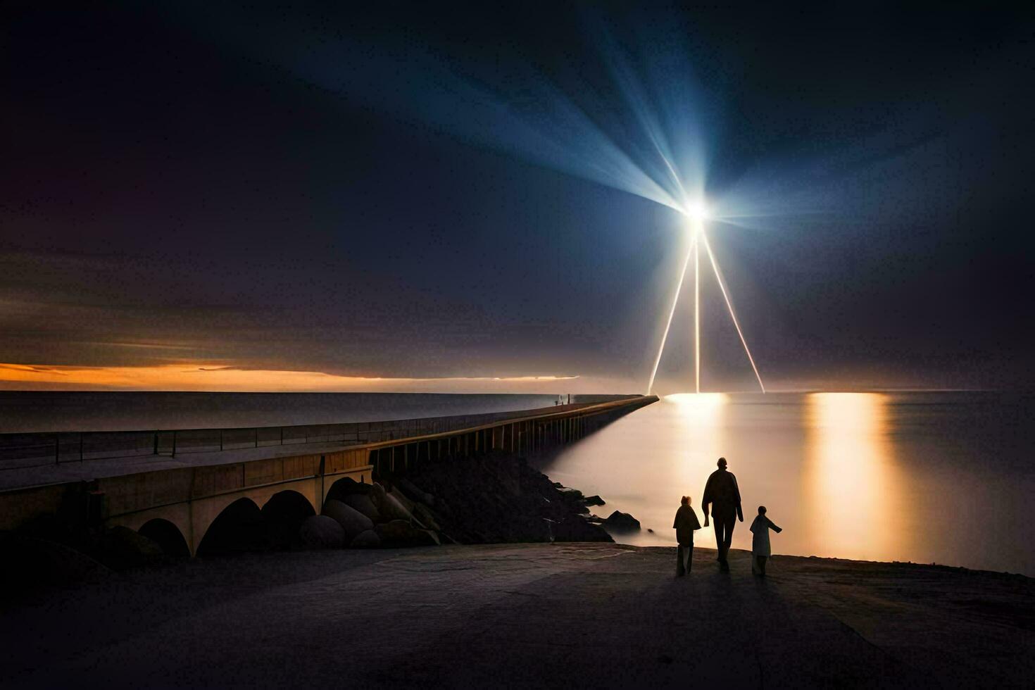 a family stands on the shore of a lake at night. AI-Generated photo