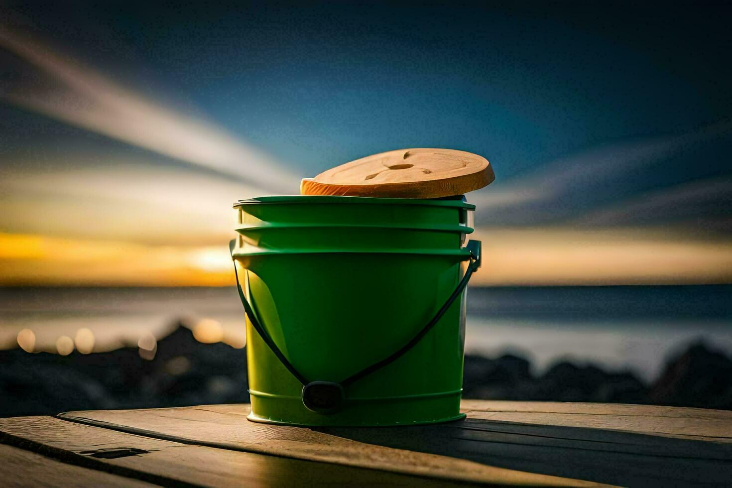 a green bucket sitting on a wooden table with a sunset in the background. AI-Generated photo