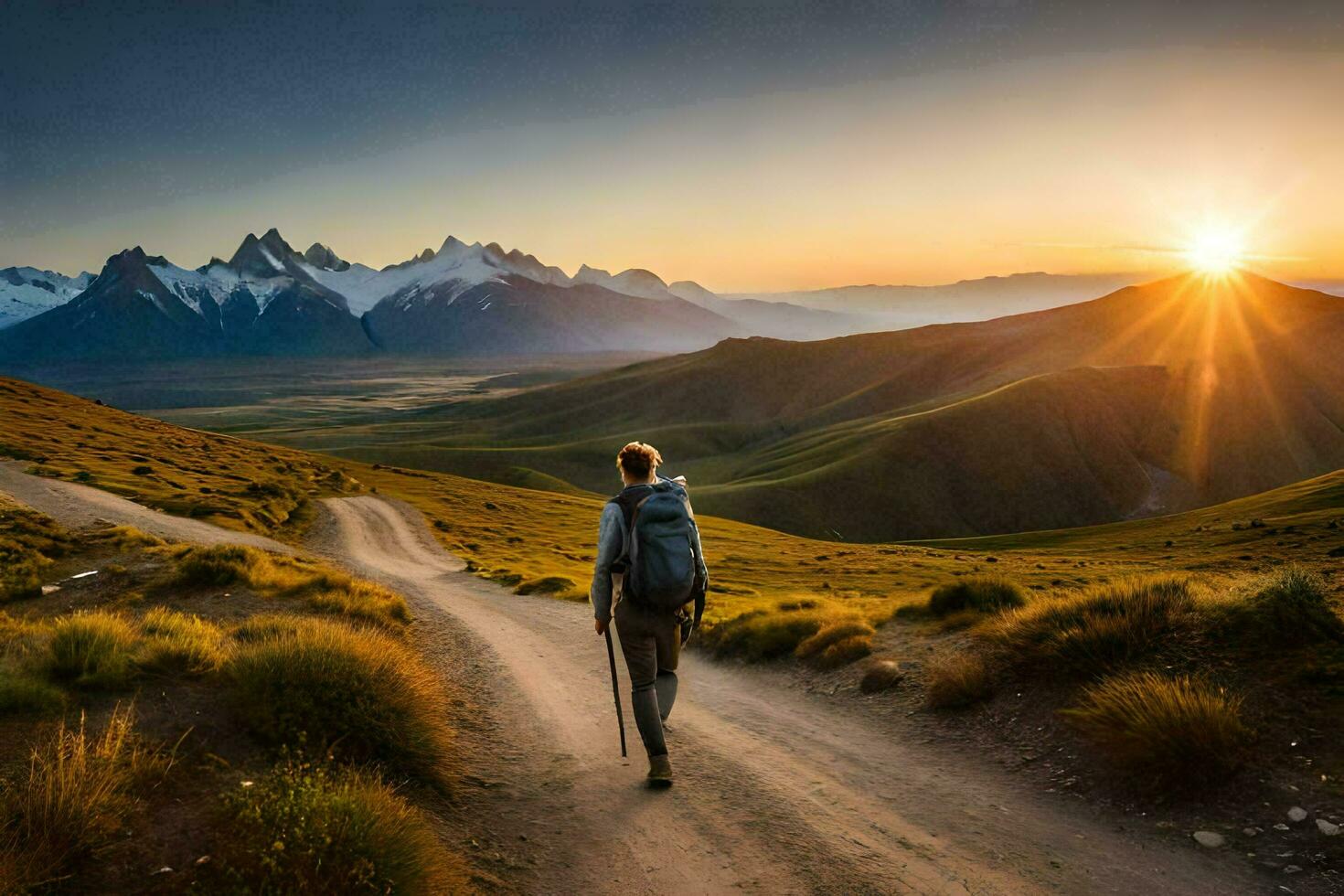 a man walks on a dirt road in the mountains. AI-Generated photo
