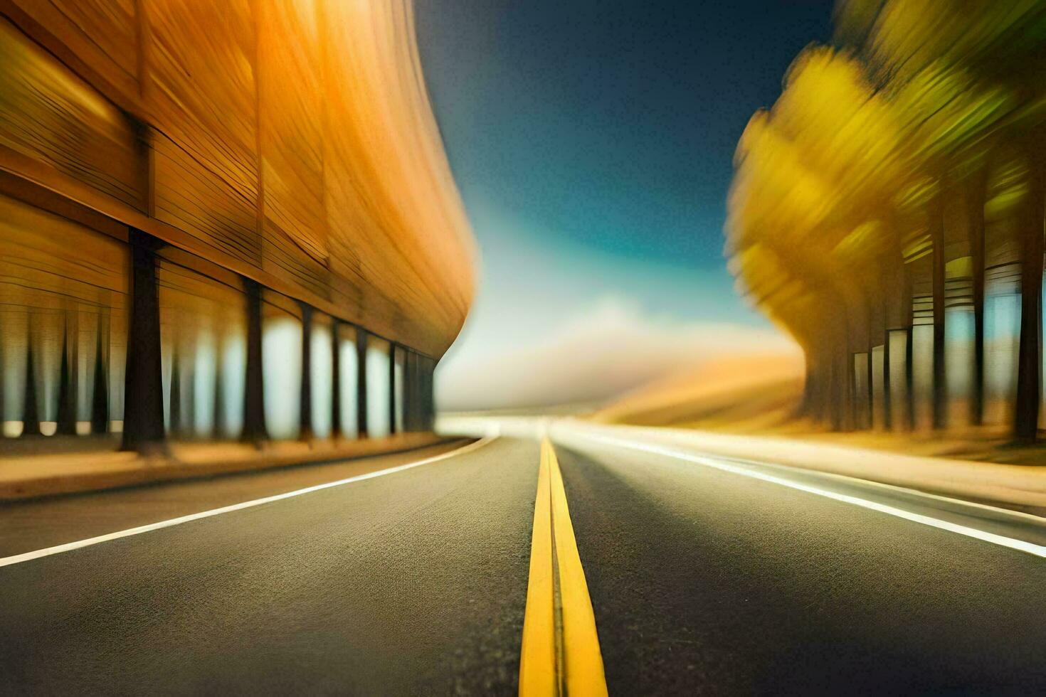 a blurry image of a road with trees in the background. AI-Generated photo