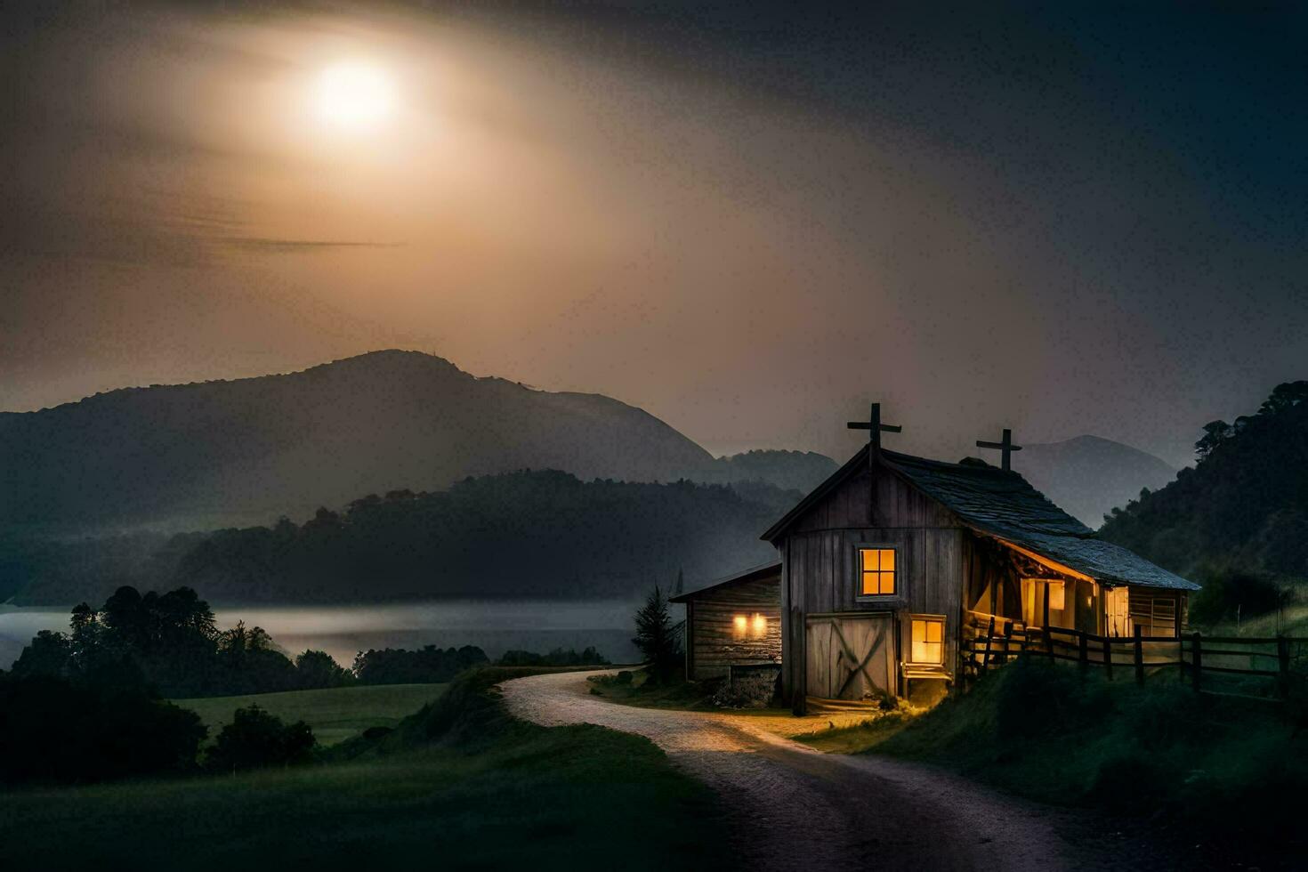 photo wallpaper the sky, the moon, the road, the house, the mountains, the lake. AI-Generated