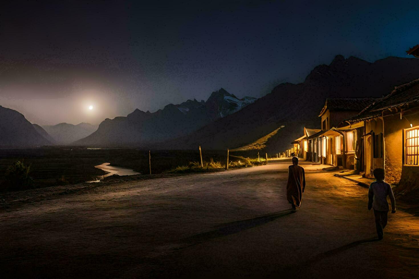 two people walk down a road at night with a mountain in the background. AI-Generated photo