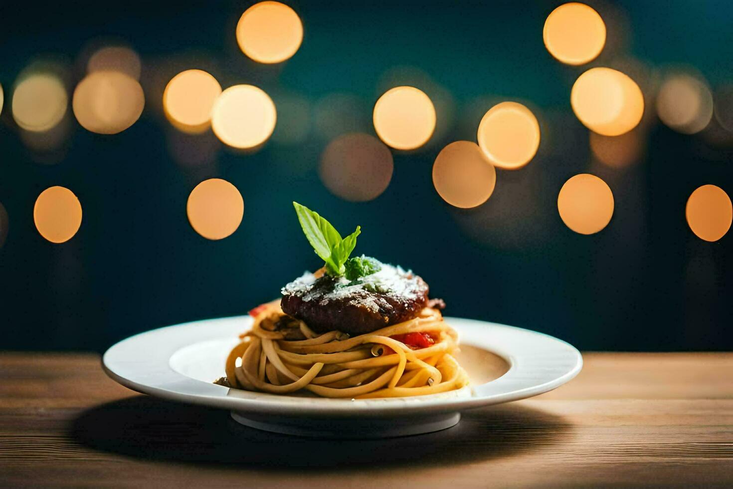 spaghetti with meat and tomato on a plate. AI-Generated photo