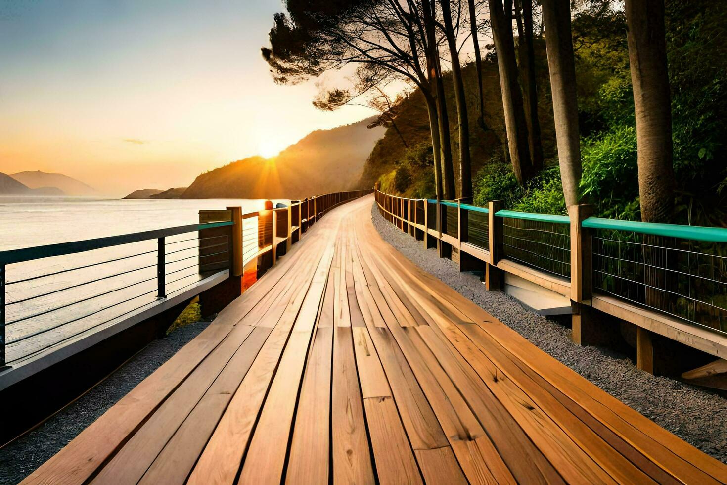 a wooden walkway leads to the ocean at sunset. AI-Generated photo
