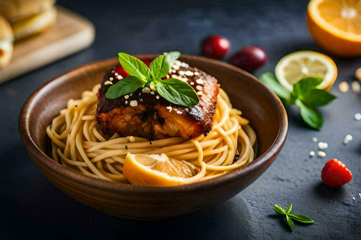 spaghetti with meat and vegetables in a bowl. AI-Generated photo