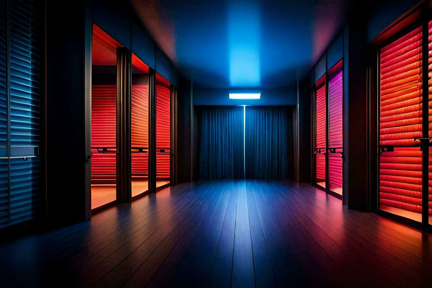 a hallway with red and blue lights. AI-Generated photo