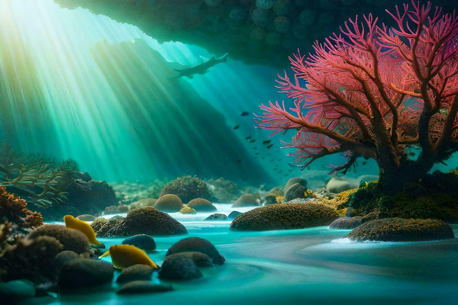 a coral tree and sea life in a cave. AI-Generated photo
