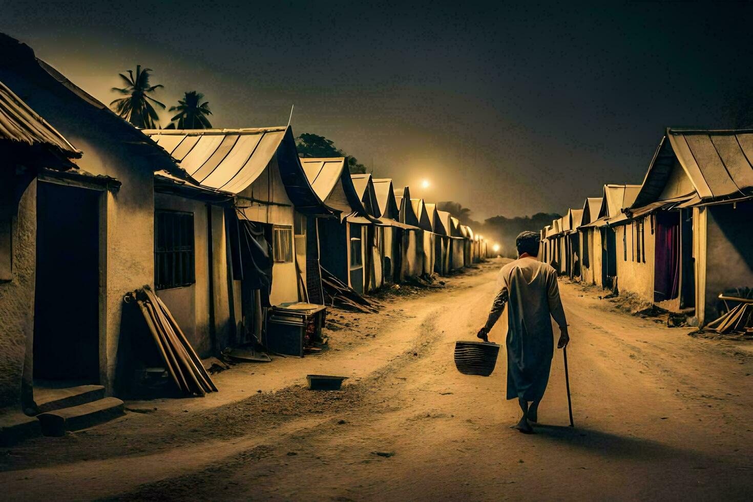 a man walks down a dirt road in front of a village. AI-Generated photo