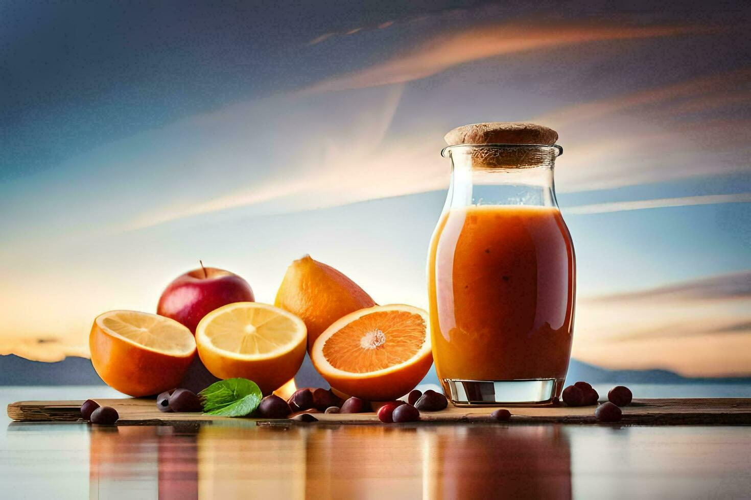a glass bottle with orange juice and fruit on a table. AI-Generated photo