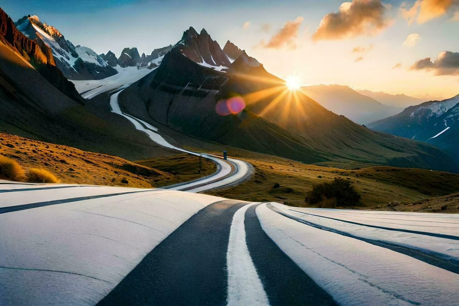 a road in the mountains with snow on the ground. AI-Generated photo