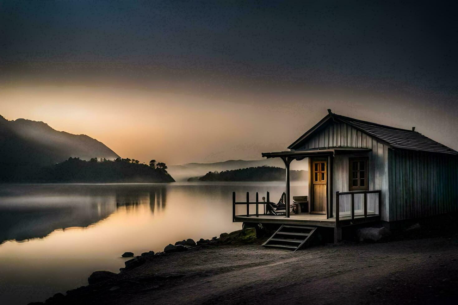 un pequeño cabina se sienta en el apuntalar de un lago a amanecer. generado por ai foto