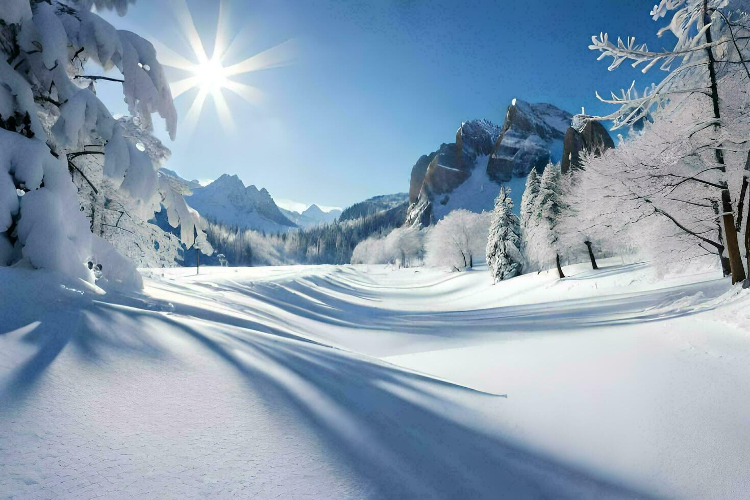 snow covered trees and the sun shining on them. AI-Generated photo