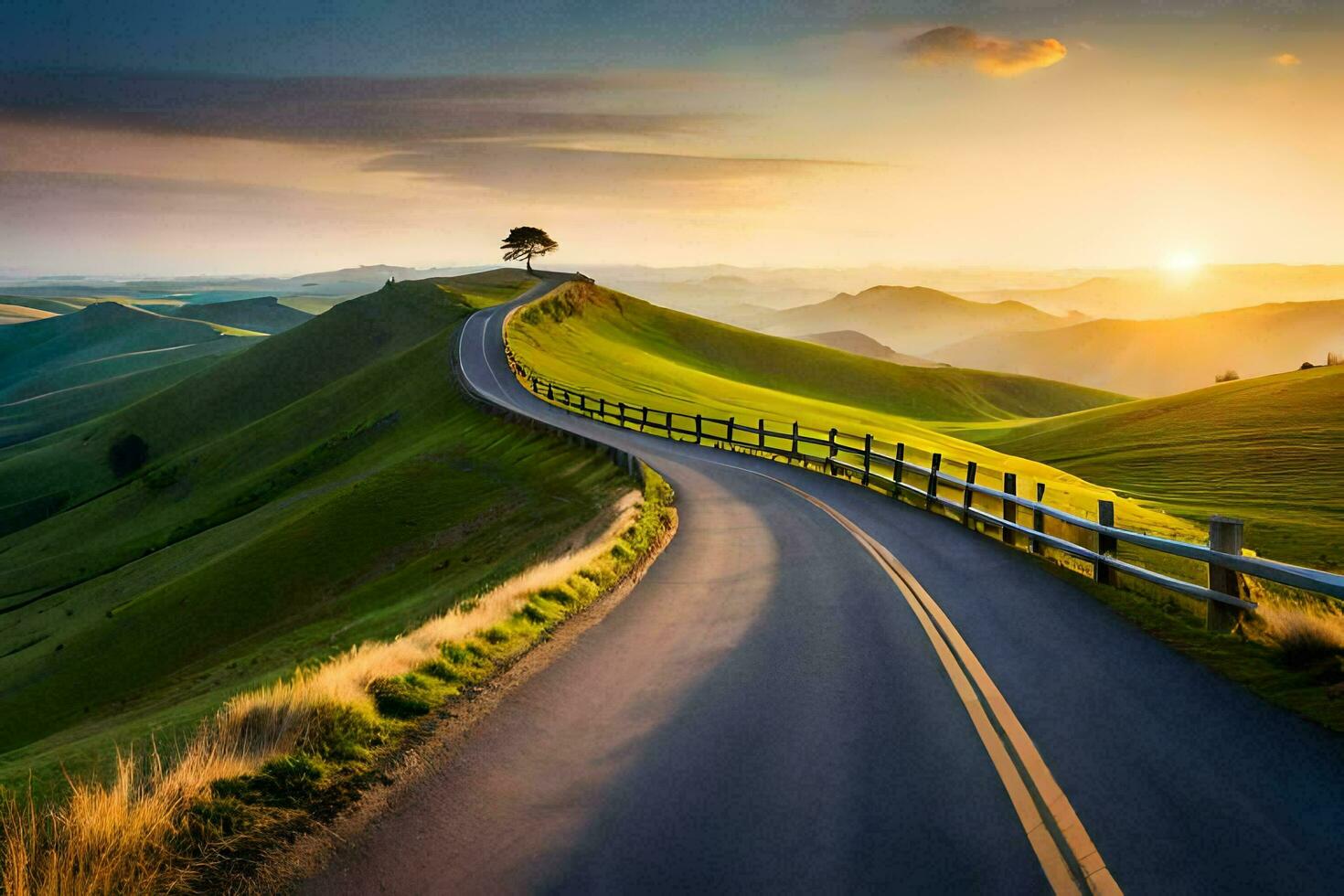 the road to the sunset. AI-Generated photo
