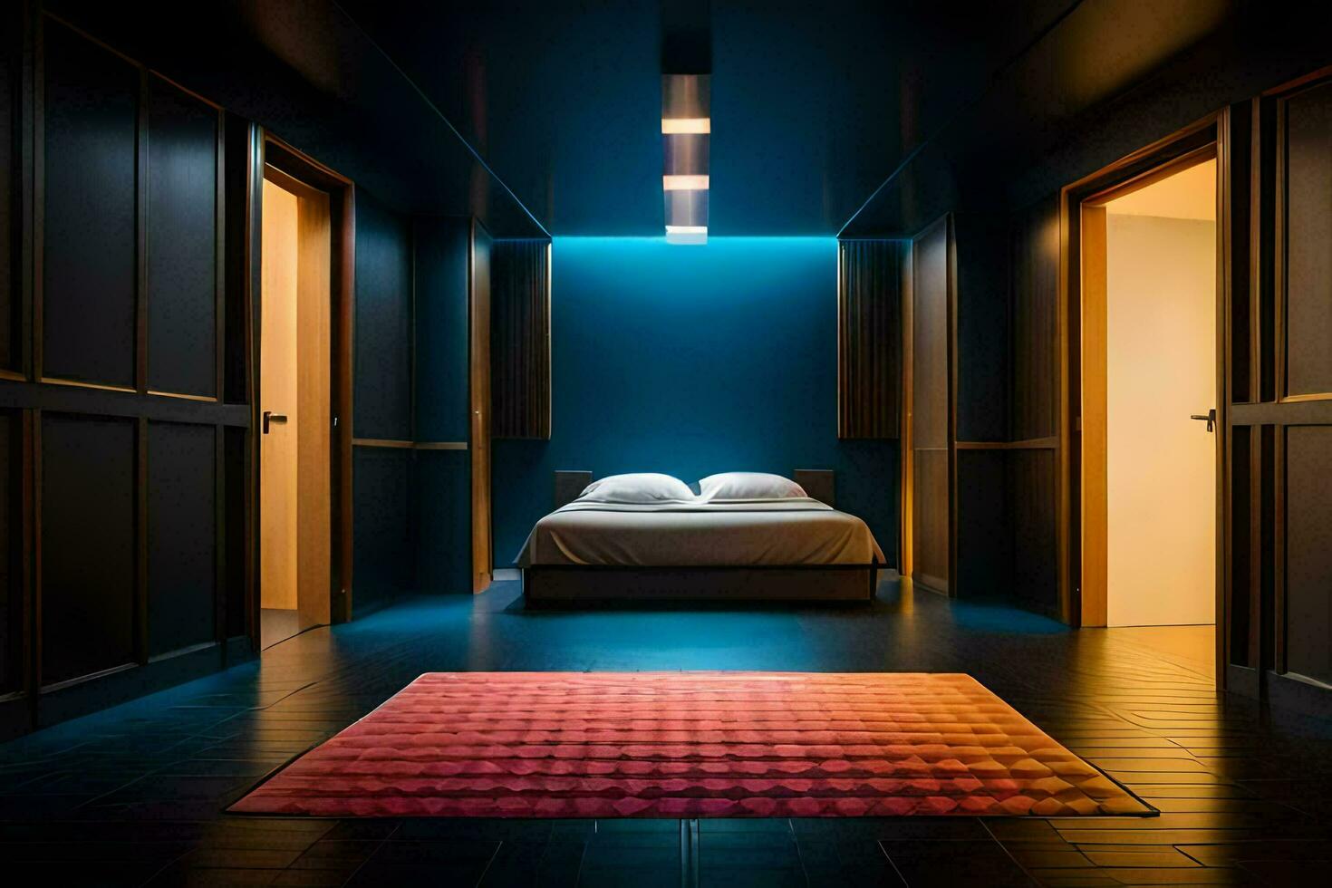 un dormitorio con azul paredes y un rojo alfombra. generado por ai foto