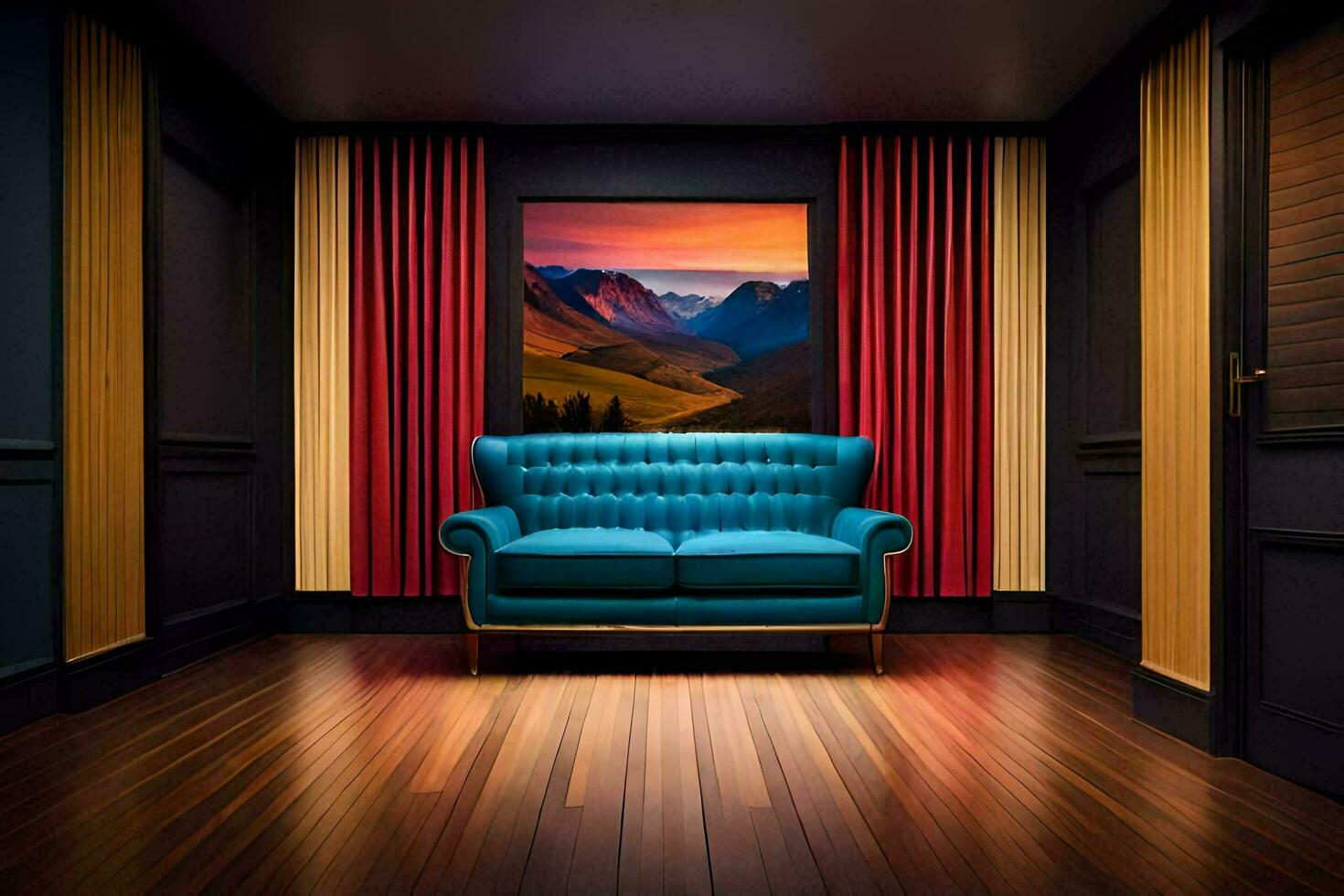 a blue couch in a room with a window and a mountain view. AI-Generated photo