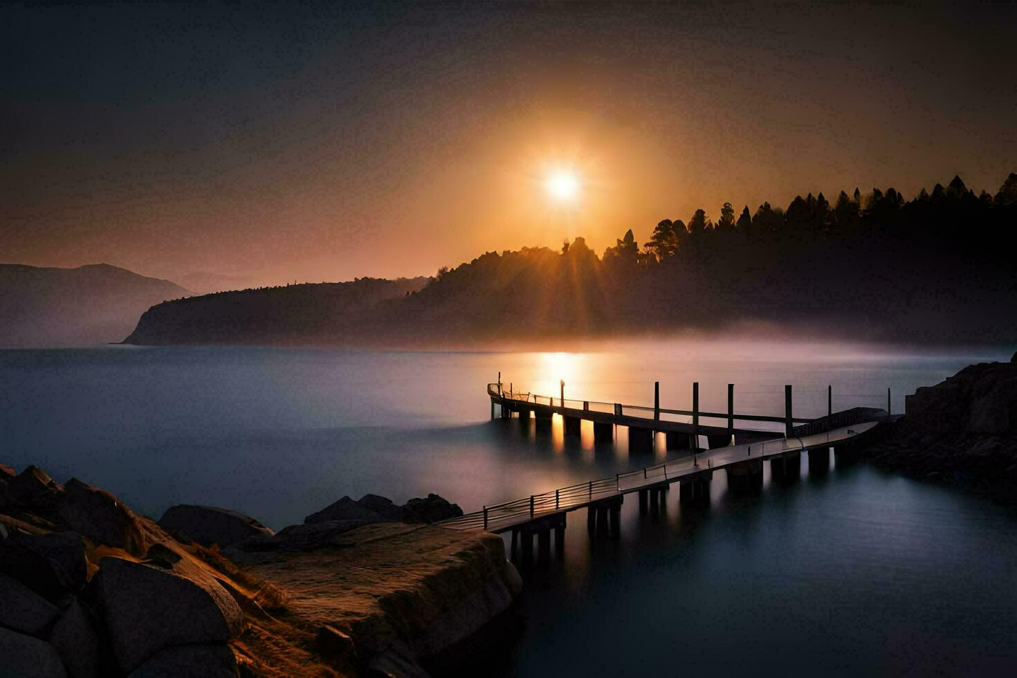 a pier at sunset with the sun shining. AI-Generated photo