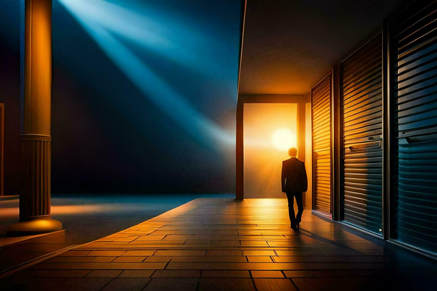 a man is walking into an open door at night. AI-Generated photo