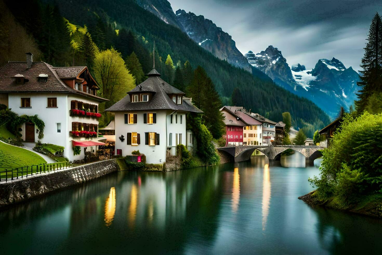 photo wallpaper the sky, mountains, water, houses, river, mountains, lake, house,. AI-Generated