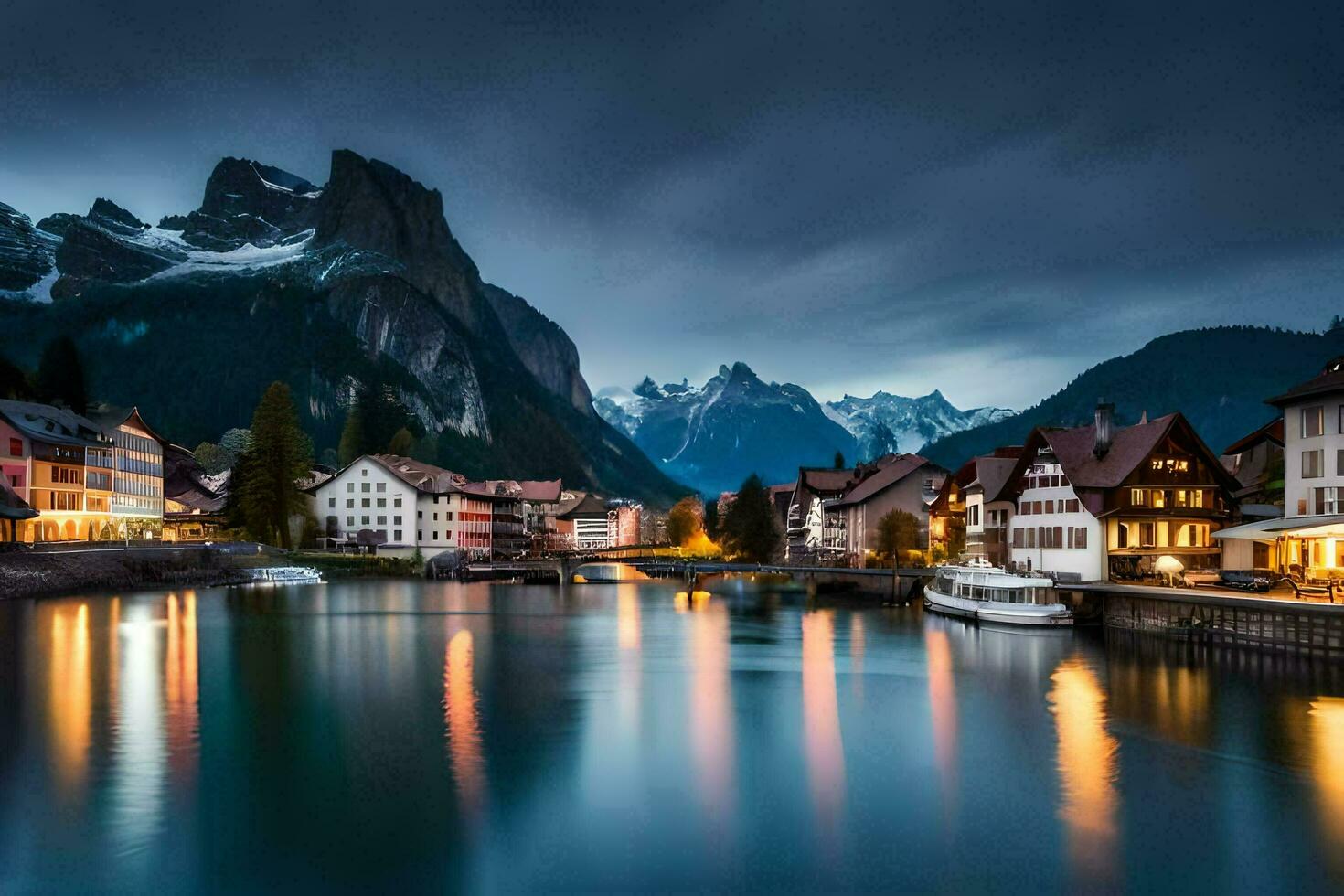 photo wallpaper the sky, mountains, water, houses, town, lake, mountains, europe. AI-Generated
