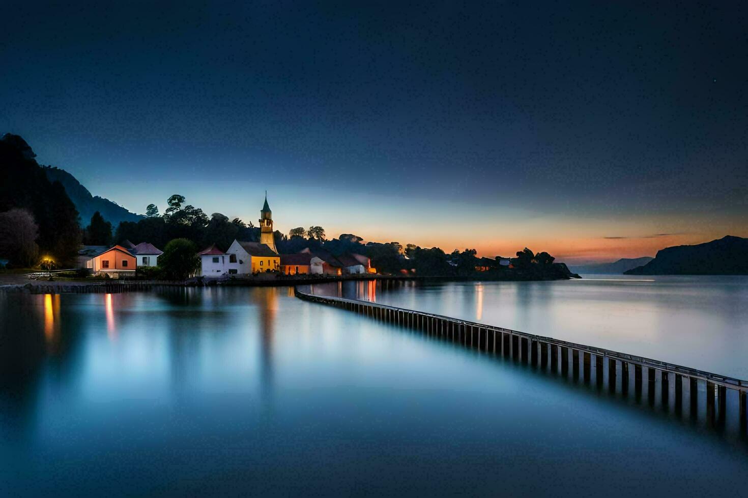 a long exposure photograph of a town on the shore of a lake. AI-Generated photo