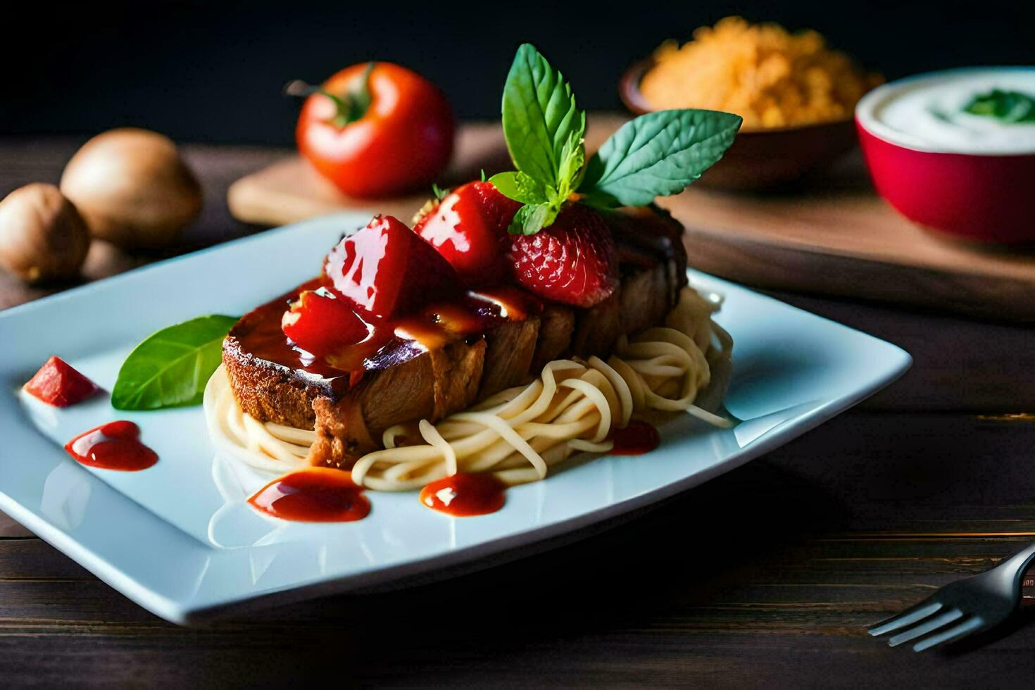the food is served on a plate with a fork and a knife. AI-Generated photo