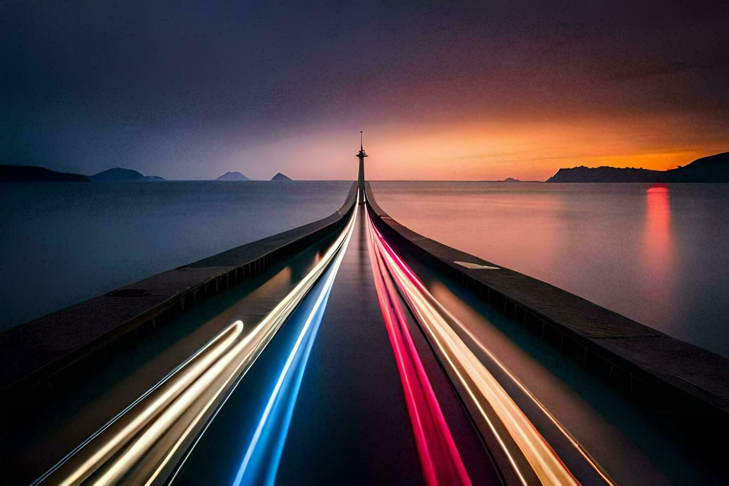 a long exposure photo of a car driving on a bridge. AI-Generated