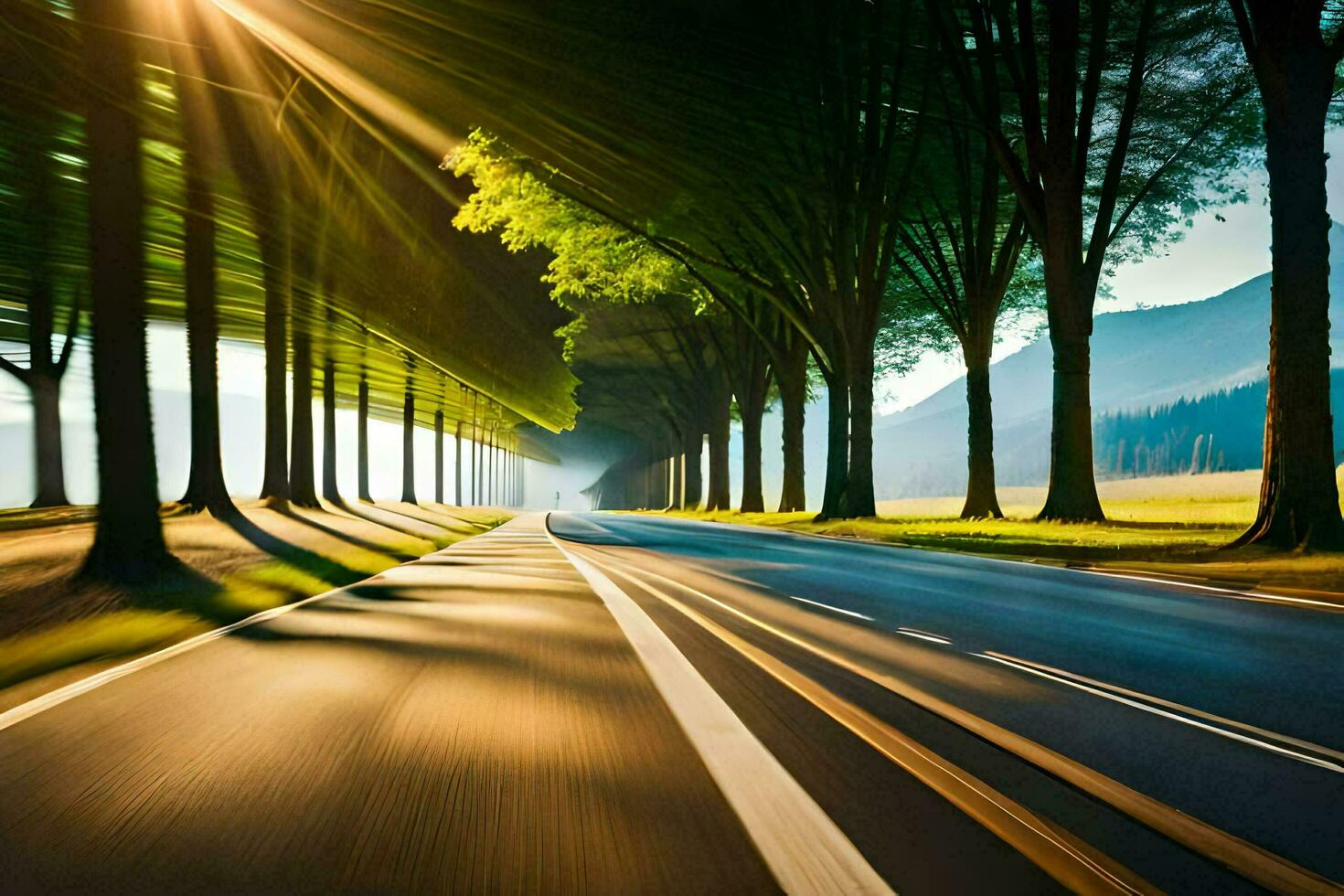 a long road with trees and sun shining through. AI-Generated photo