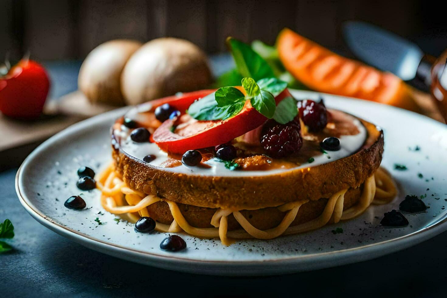 a plate with a slice of pizza and pasta. AI-Generated photo