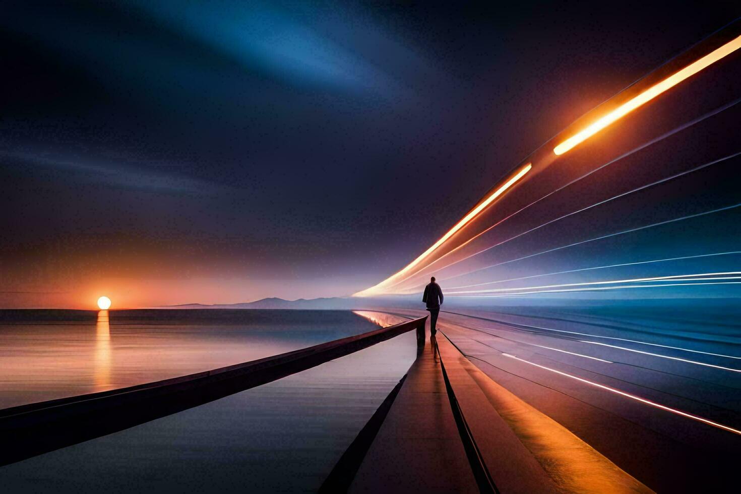a man stands on a bridge at sunset with long exposure. AI-Generated photo