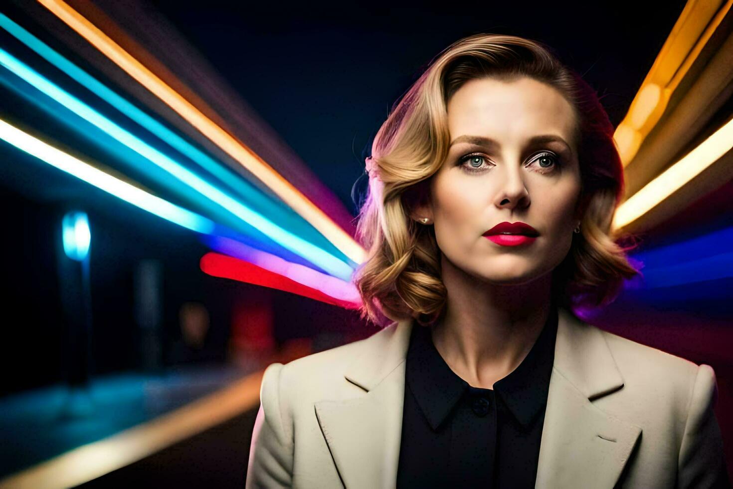 a woman in a suit and red lipstick stands in front of a neon light. AI-Generated photo