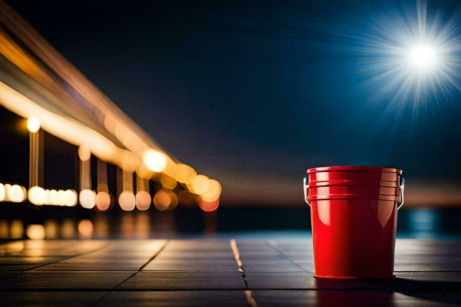 a red bucket sitting on a wooden floor at night. AI-Generated photo