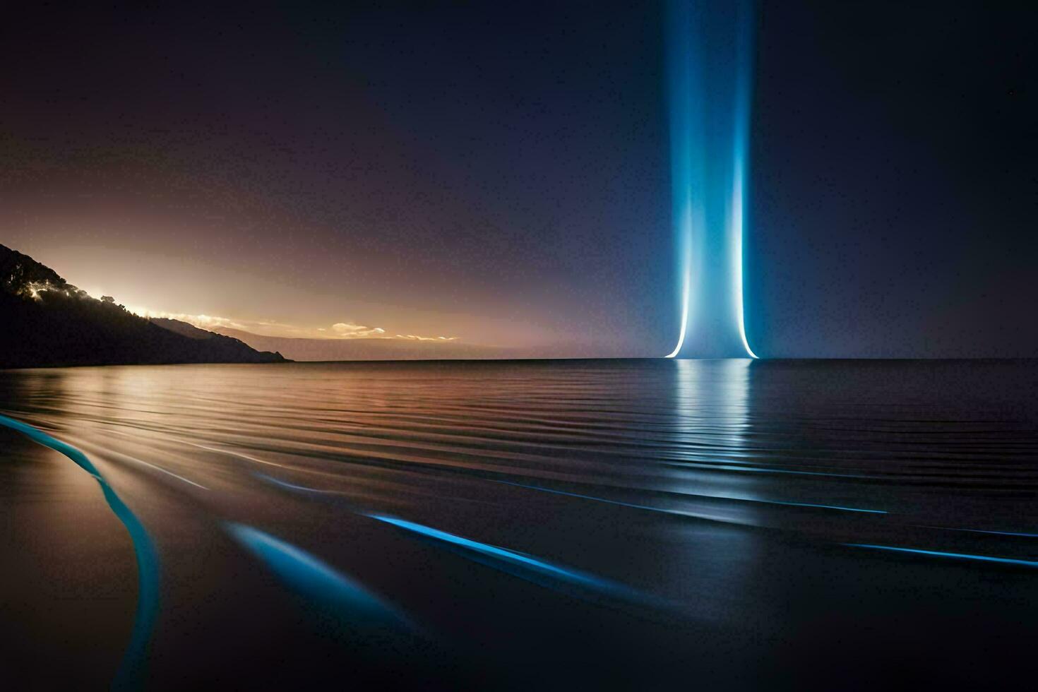 a long exposure photograph of a light beam coming out of the water. AI-Generated photo