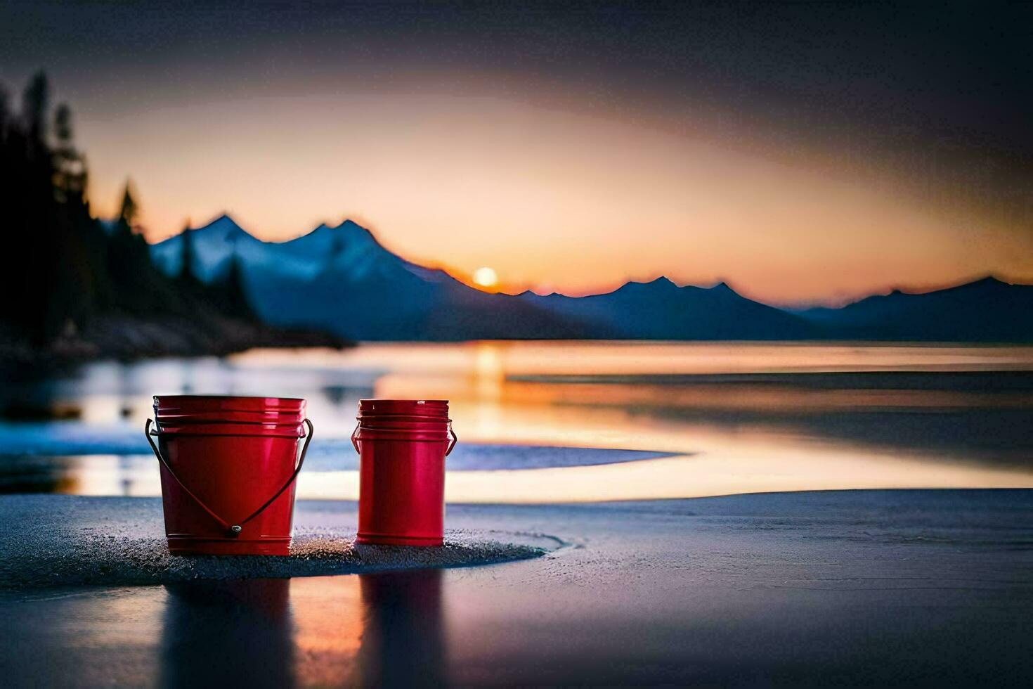 two red buckets sit on the shore of a lake at sunset. AI-Generated photo