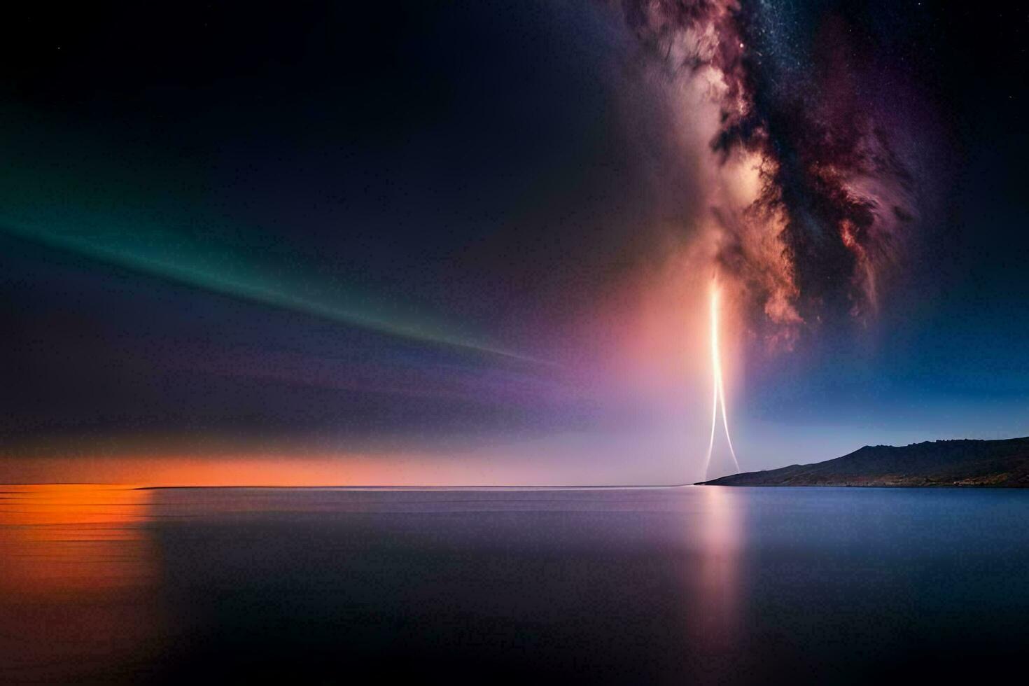 the aurora is seen in the sky above the ocean. AI-Generated photo