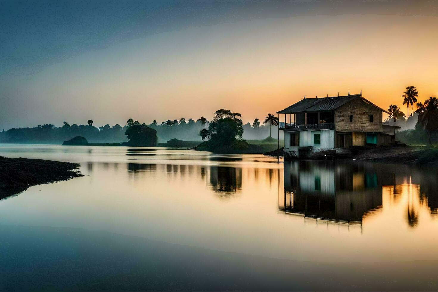 a house sits on the shore of a river at sunset. AI-Generated photo