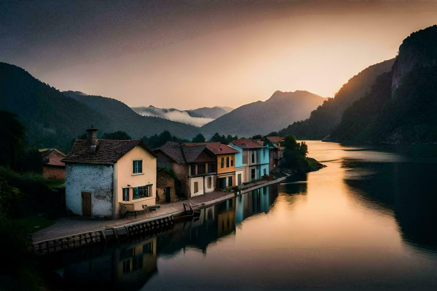 photo wallpaper the sky, mountains, water, houses, lake, sunset, the mountains, the. AI-Generated