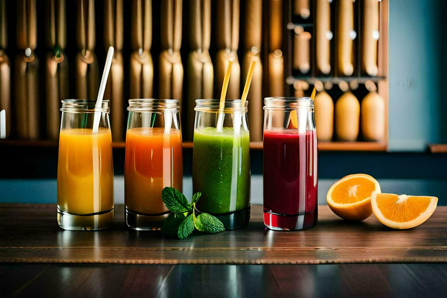five different juices in glass bottles on a wooden table. AI-Generated photo