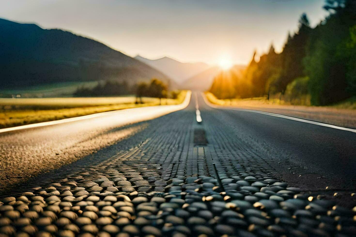 a road with rocks on it in the middle of a field. AI-Generated photo