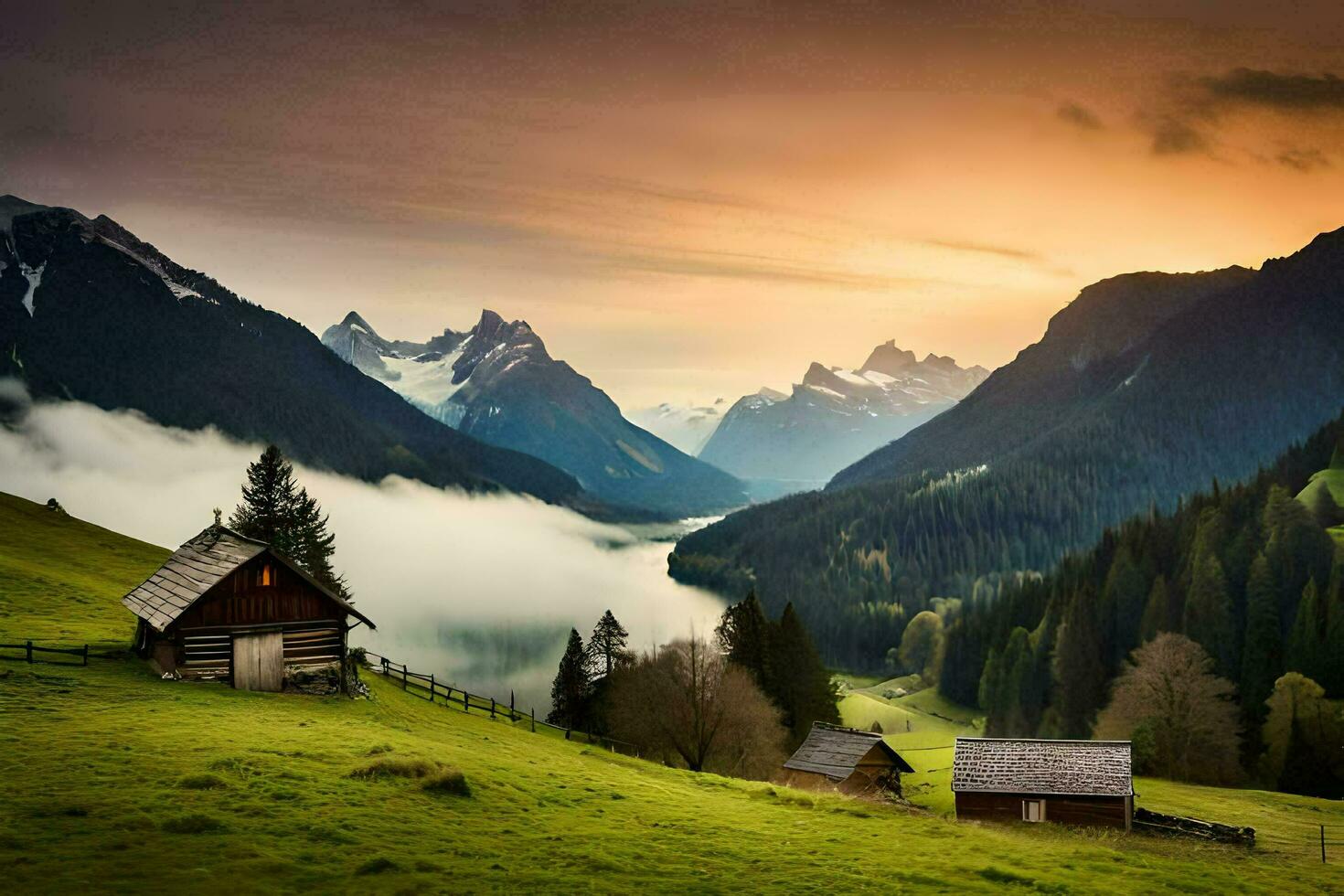 a lake and mountain range with a cabin in the middle. AI-Generated photo