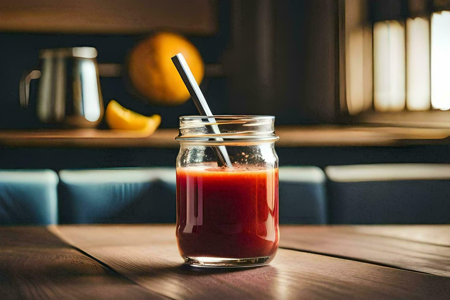 a glass of juice on a wooden table. AI-Generated photo
