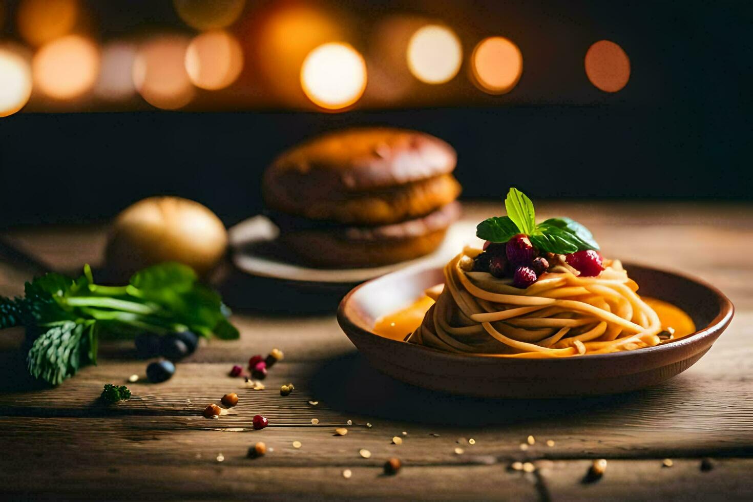 spaghetti with tomato sauce and meatballs on a wooden table. AI-Generated photo