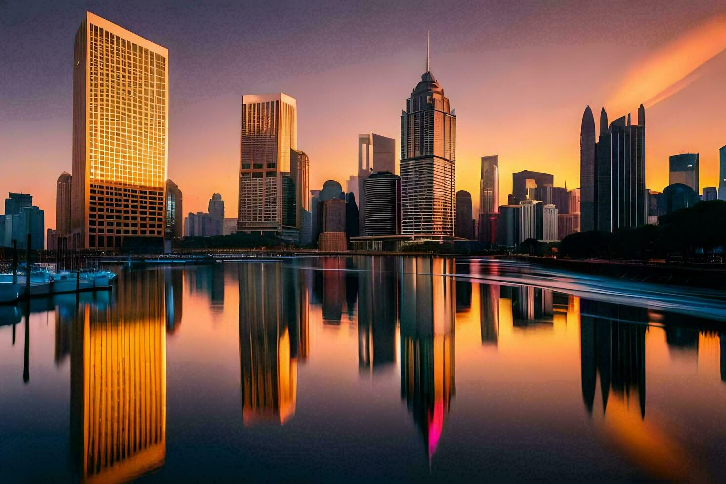 the chicago skyline is reflected in the water. AI-Generated photo