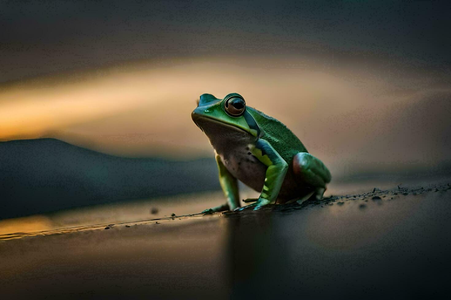 a frog sitting on the ground at sunset. AI-Generated photo