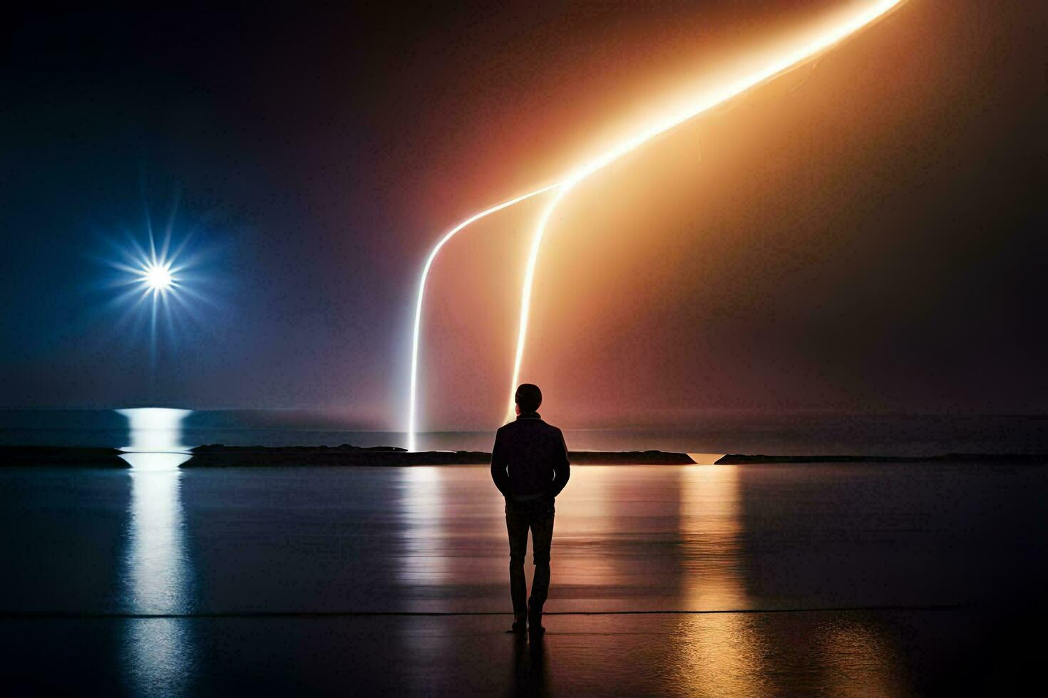 a man standing on the beach looking at the moon and a light trail. AI-Generated photo