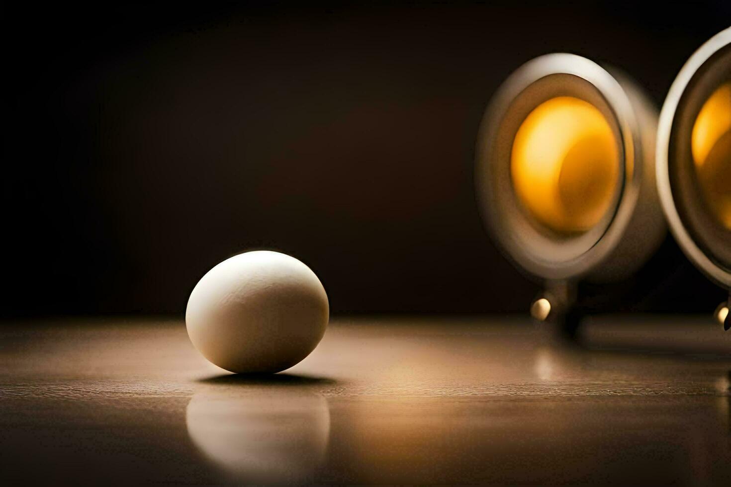 an egg sitting next to two speakers. AI-Generated photo