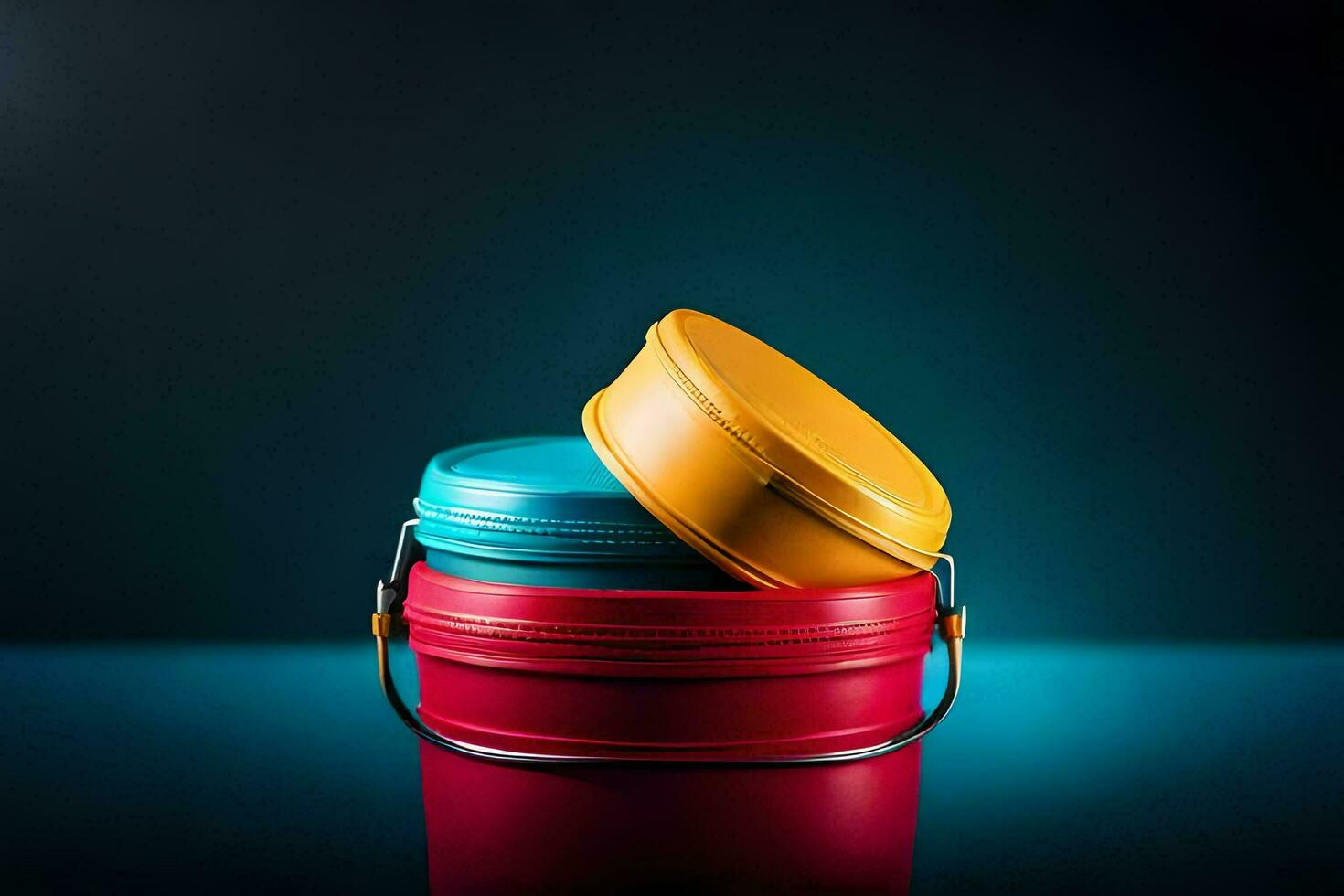 three colorful metal containers stacked on top of each other. AI-Generated photo