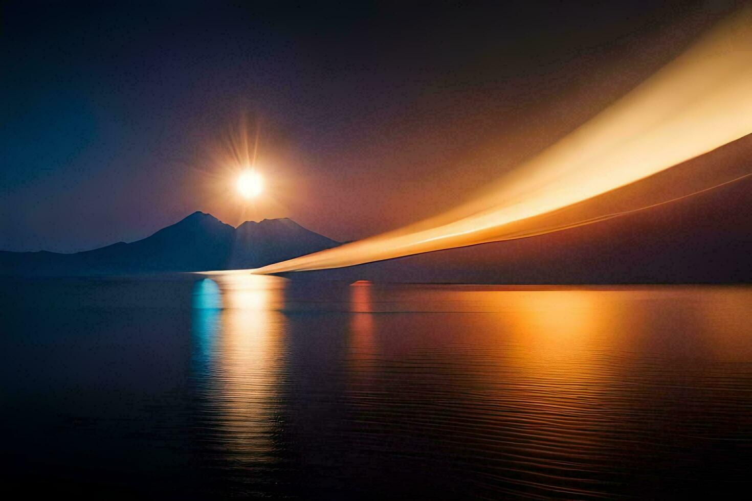 the moon is shining over a mountain and water. AI-Generated photo