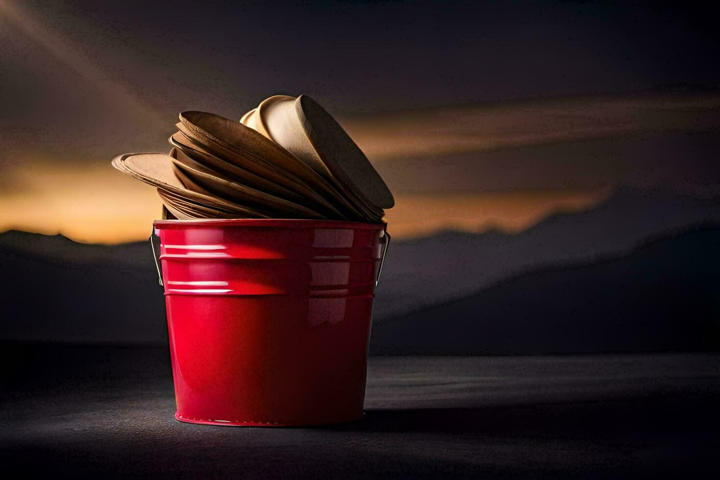 a red bucket with a stack of wooden plates. AI-Generated photo