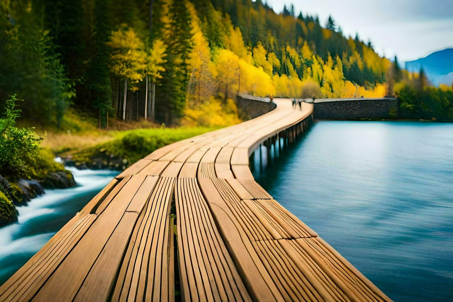 a wooden bridge over a river in the mountains. AI-Generated photo